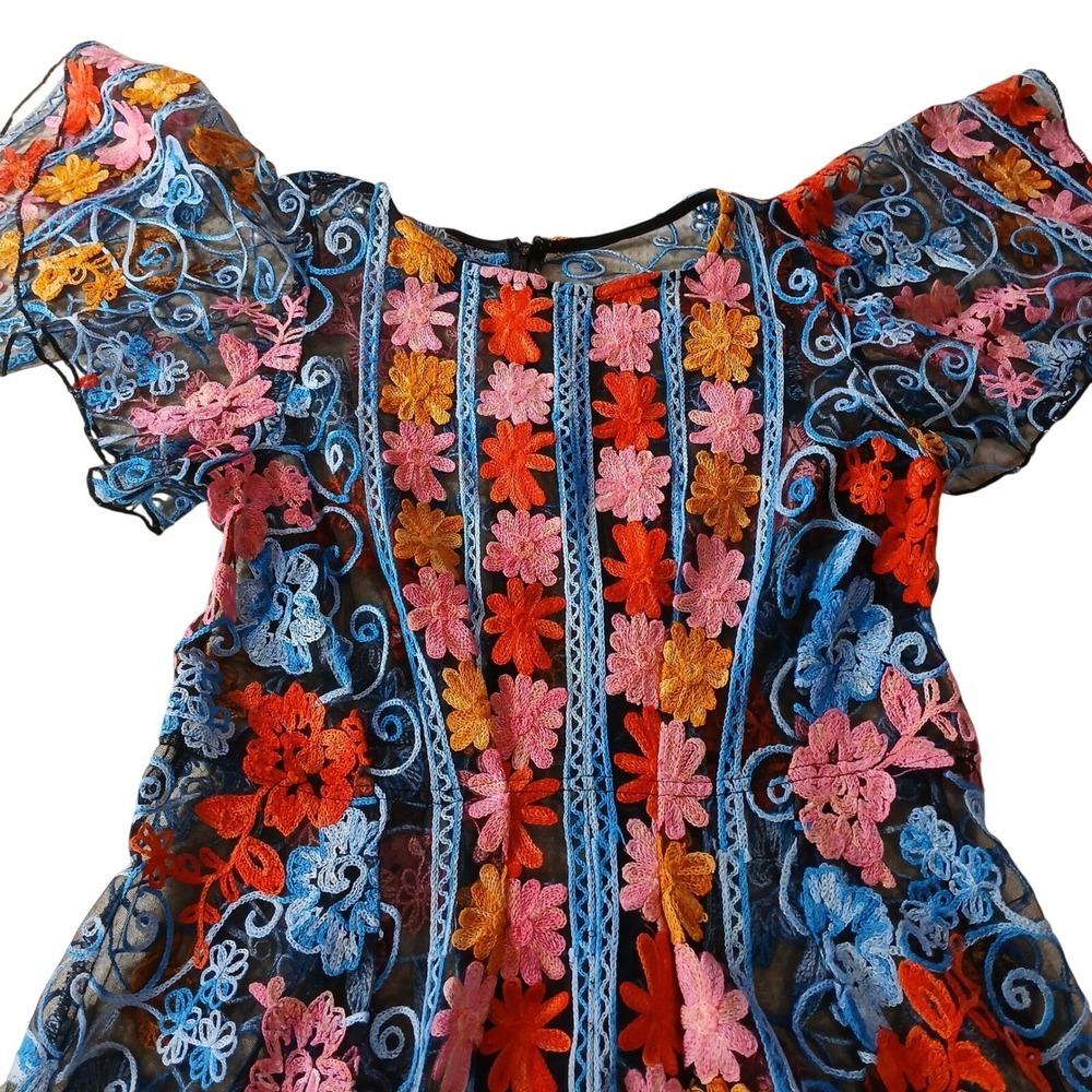 Floral Embroidered Lace Mesh Midi Dress Whimsical Fairycore Cottagecore - Picture 4 of 12